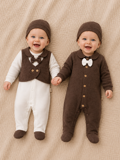 Baby Jungen Strampler Set | 4-teilig | 2 Strampler + 2 Mützen | Mit Fliege