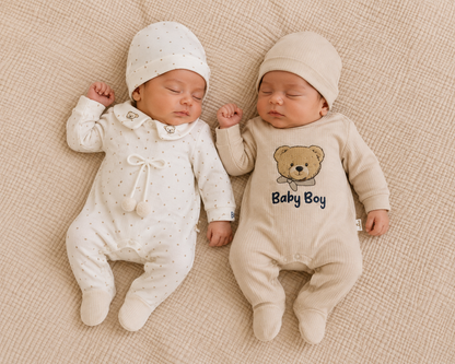 Baby Jungen Set | 2 Strampler & 2 Mützen | Süßes Neugeborenen Outfit