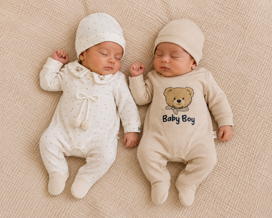Baby Jungen Set | 2 Strampler & 2 Mützen | Süßes Neugeborenen Outfit