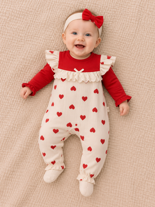 Süßer Baby Mädchen Strampler mit Herzen & Stirnband | Langarm | 2-teilig