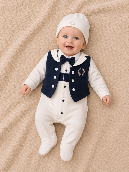 Eleganter Baby Jungen Strampler mit Weste & Mütze – Festliches Outfit in Dunkelblau/Weiß 🎩