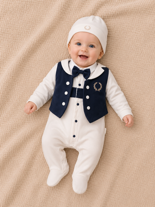 Eleganter Baby Jungen Strampler mit Weste & Mütze – Festliches Outfit in Dunkelblau/Weiß 🎩