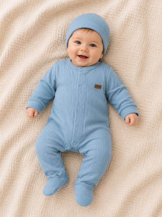 Babyjungen Set – Strampler & Mütze aus Musselin 👶💙