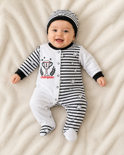 Mini Fan Strampler – Schwarz-Weißes Babyset mit Sternen & Mütze