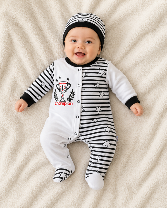 Mini Fan Strampler – Schwarz-Weißes Babyset mit Sternen & Mütze