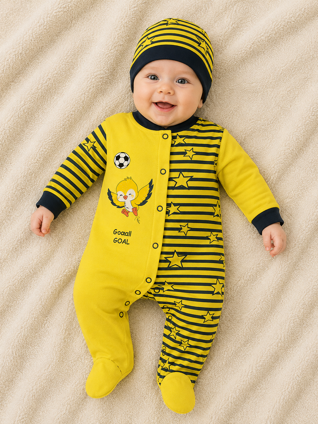 Mini Fanartikel – Baby Strampler Gelb-Blau Fußball Design