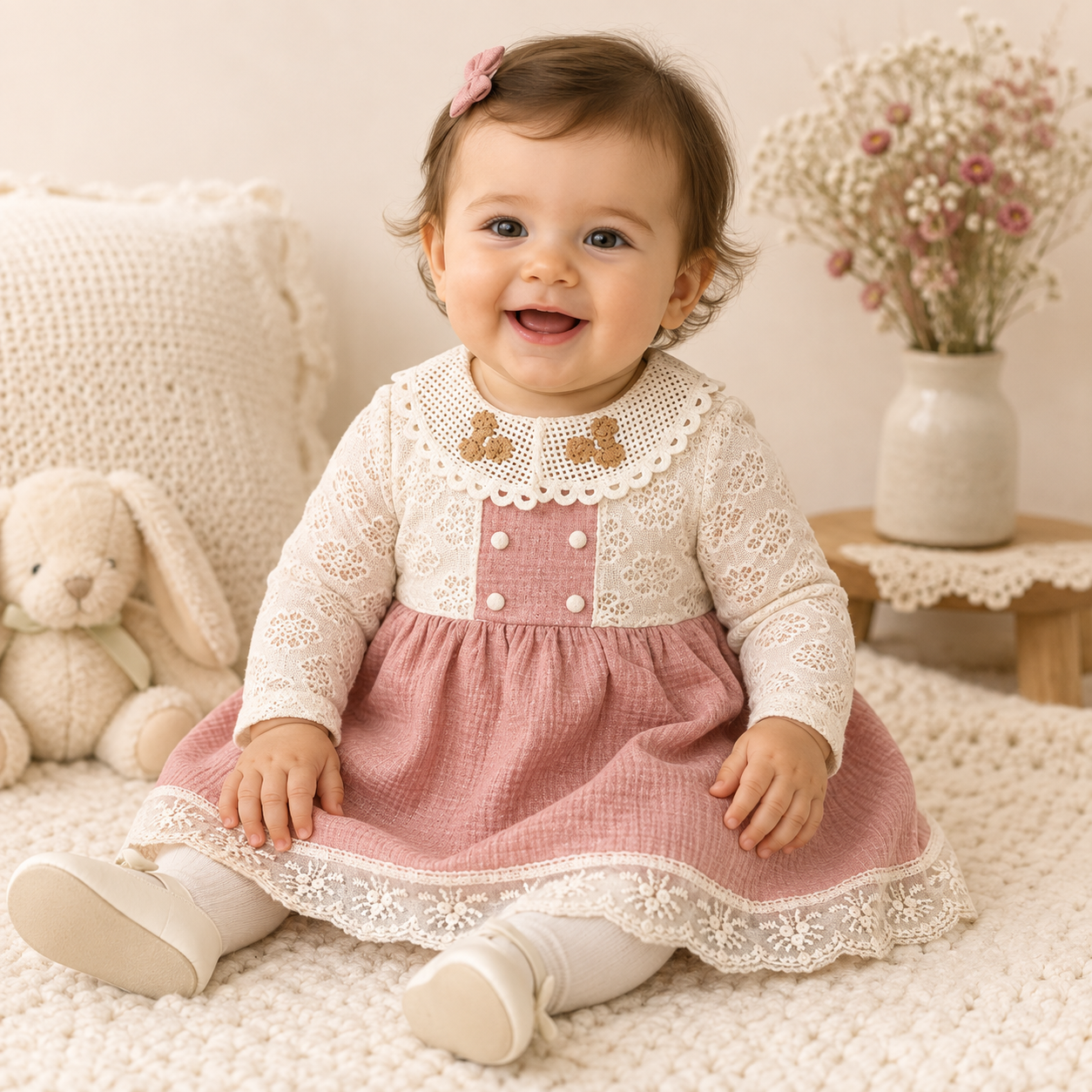 Baby Mädchen Kleid – Langarm mit Spitze & Muselin Rock in Rosa
