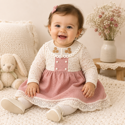 Baby Mädchen Kleid – Langarm mit Spitze & Muselin Rock in Rosa
