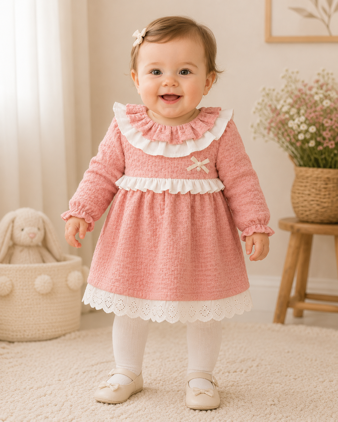 Mädchen Kleid – Rosé mit Rüschen & Spitze