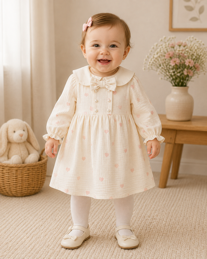 Baby Kleid aus Musselin – Mit Schleife & Herzchen-Muster, Langarm