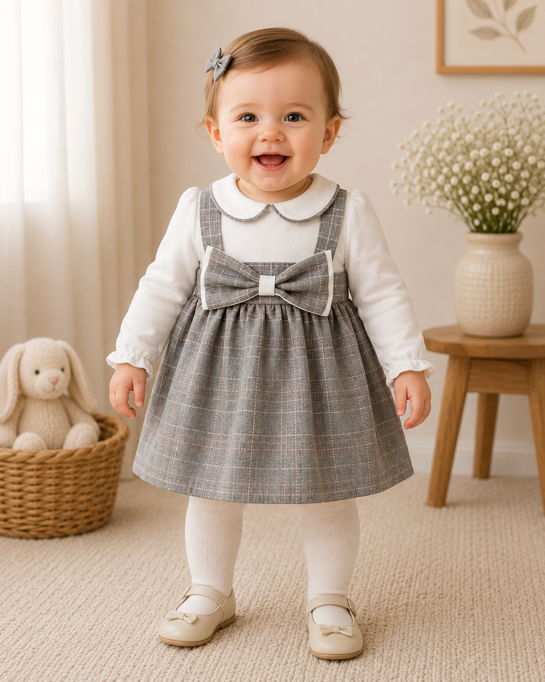 Elegantes Babykleid mit Kragen & großer Schleife – Grau/Weiß