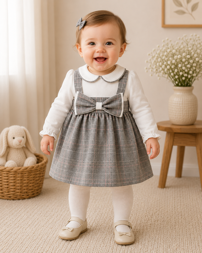 Elegantes Babykleid mit Kragen & großer Schleife – Grau/Weiß