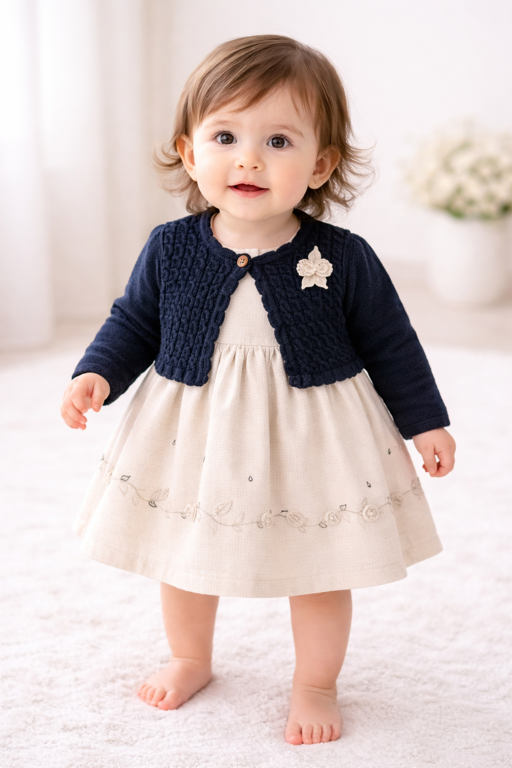 Elegantes Baby Mädchen Kleid mit Strickweste – 2-teiliges Set