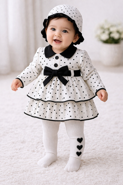 Baby Mädchen Kleid Set – Punkte-Design mit Mütze & Strumpfhose, 3-teilig