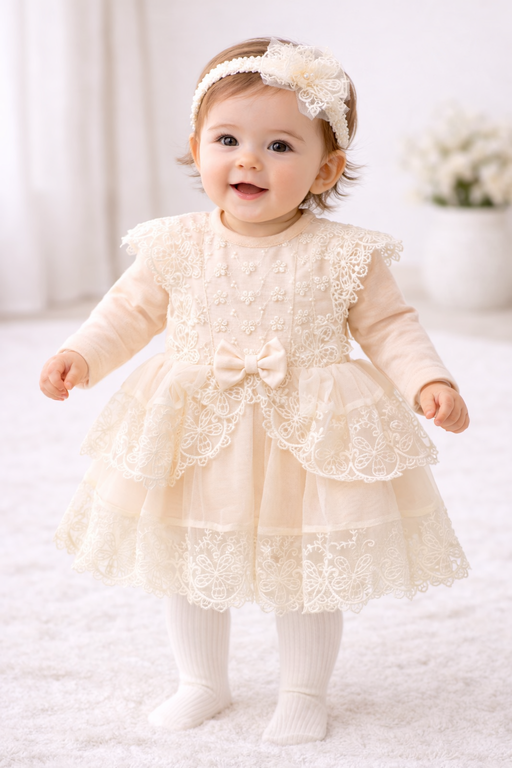 Baby Mädchen Tauf- & Festkleid in Creme – Spitzenkleid mit Haarband