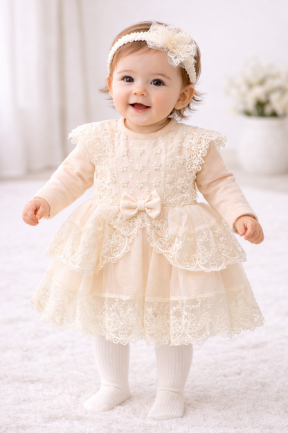 Baby Mädchen Tauf- & Festkleid in Creme – Spitzenkleid mit Haarband
