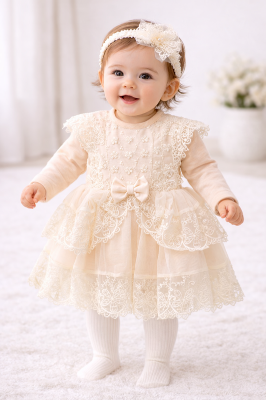 Baby Mädchen Tauf- & Festkleid in Creme – Spitzenkleid mit Haarband