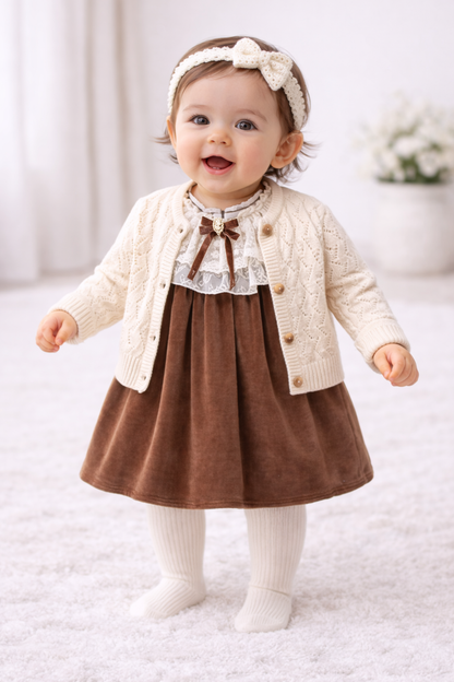 Elegantes Baby Mädchen Outfit Set | Kleid, Strickjacke & Socken 🎀 | Geschenkbox inklusive