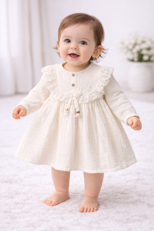 Weißes Muslin-Kleid für Babymädchen – leicht & traumhaft weich 🤍