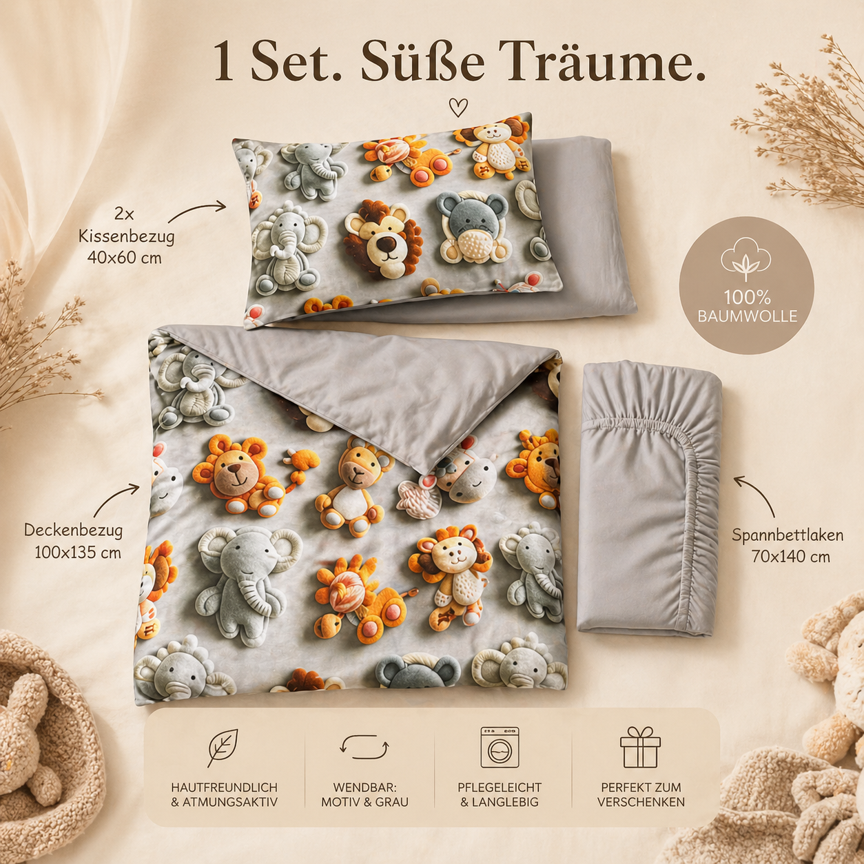 Kinder Bettwäsche Set 4-teilig – Safari Tiere in 3D Optik, 100% Baumwolle, Grau & Bunt