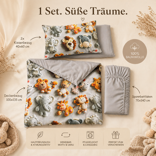 Kinder Bettwäsche Set 4-teilig – Safari Tiere in 3D Optik, 100% Baumwolle, Grau & Bunt