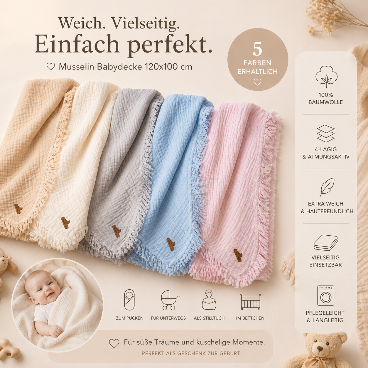 Musselin Babydecke 120x100 cm – 4-lagig aus 100% Baumwolle