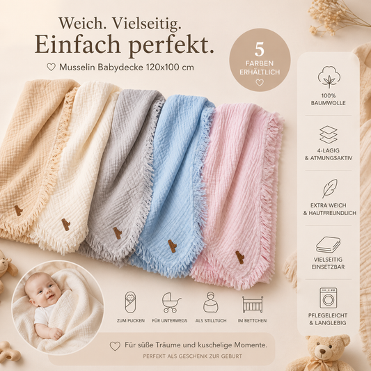 Musselin Babydecke 120x100 cm – 4-lagig aus 100% Baumwolle