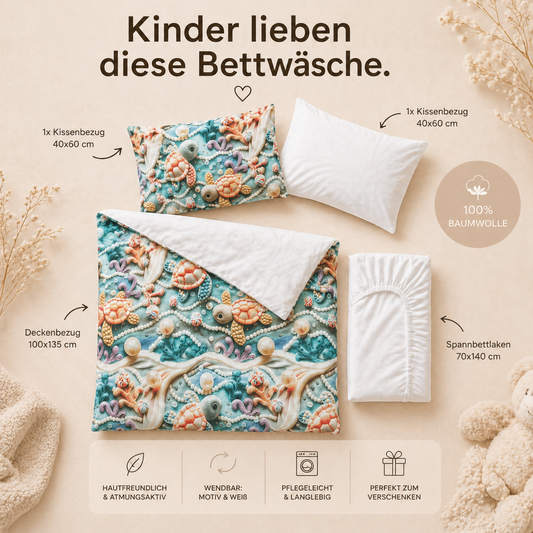 Kinder Bettwäsche Set 4-teilig – Meerestiere & Schildkröten in 3D Optik, 100% Baumwolle, Blau & Weiß