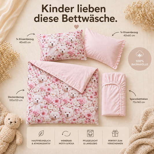 Kinder Bettwäsche Set 4-teilig – Rosa Bärchen & Blumen in 3D Optik, 100% Baumwolle, Pink & Creme