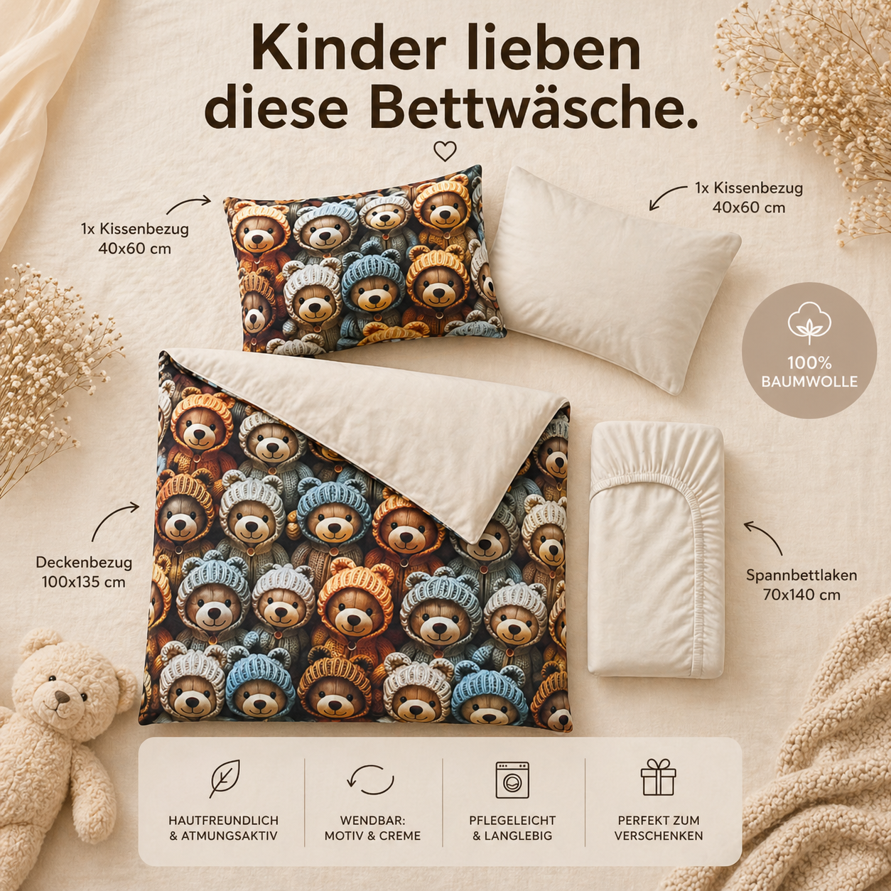 Kinder Bettwäsche Set 4-teilig – Bärchen Motiv in 3D Optik, 100% Baumwolle, Creme & Bunt