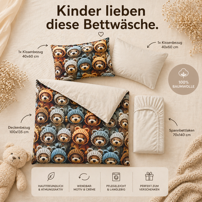 Kinder Bettwäsche Set 4-teilig – Bärchen Motiv in 3D Optik, 100% Baumwolle, Creme & Bunt