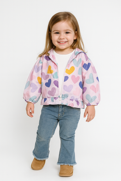 Mädchen 3-teiliges Outfit – Herzchen-Jacke, Langarmshirt & Jeans