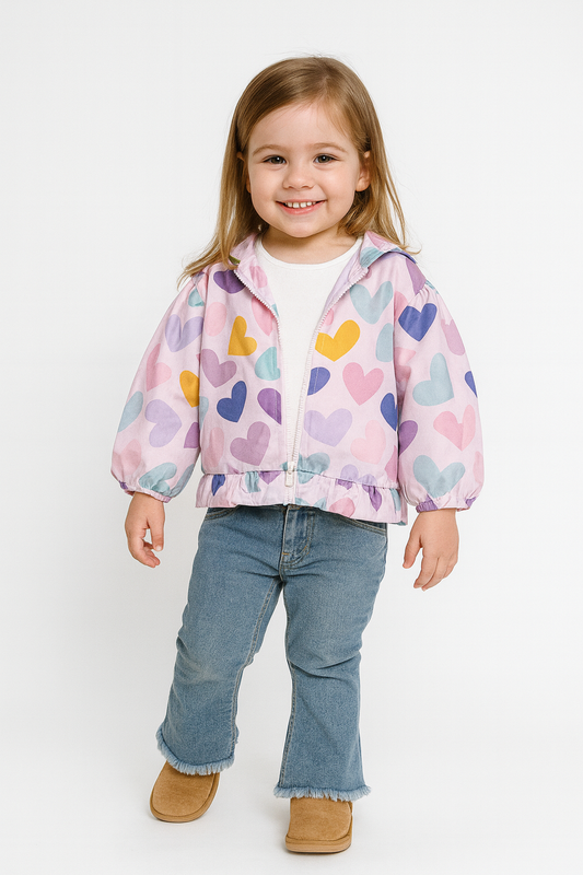 Mädchen 3-teiliges Outfit – Herzchen-Jacke, Langarmshirt & Jeans