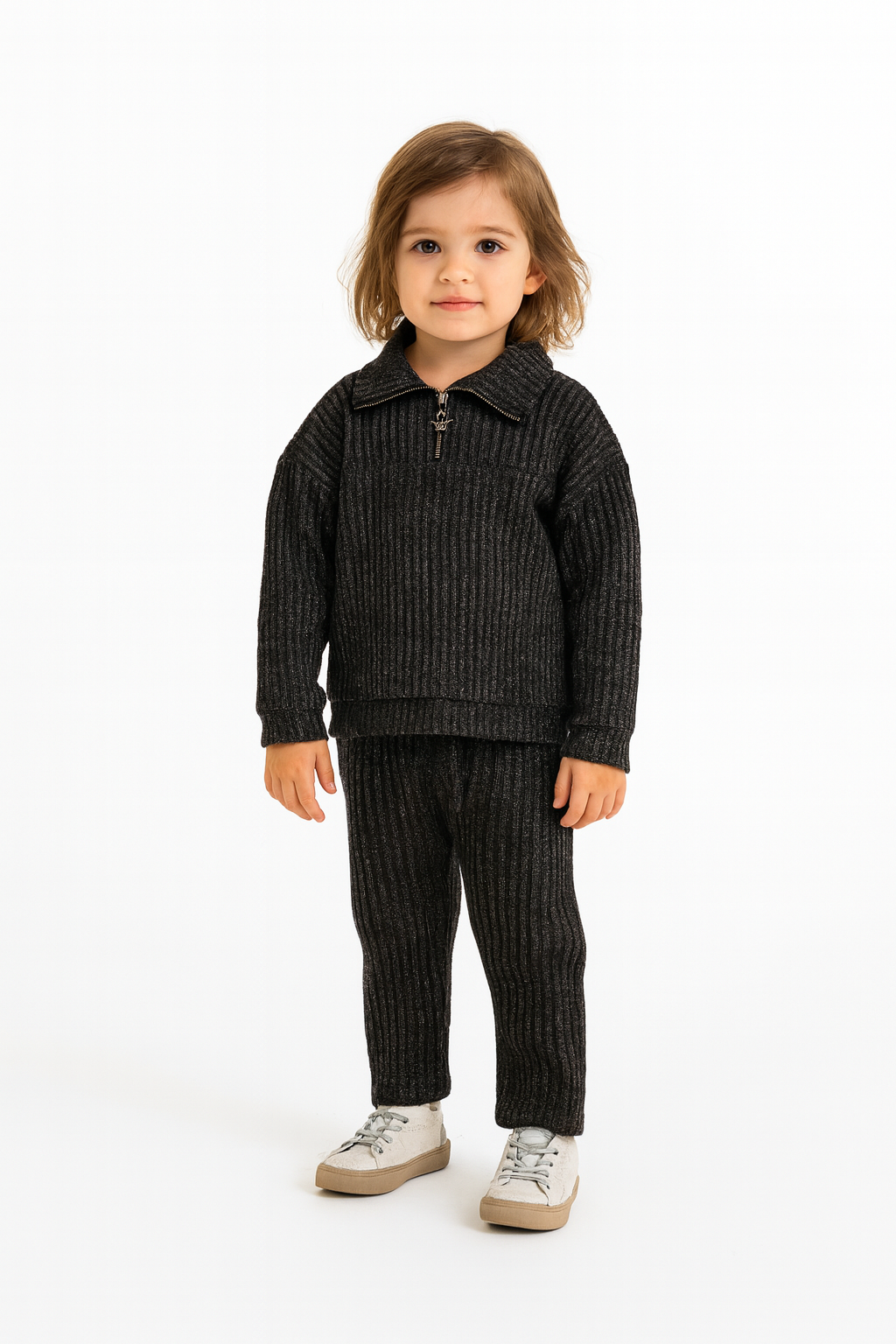 Mädchen 2-teiliges Strick-Set – Pullover mit Reißverschluss & Hose | 2 Farben