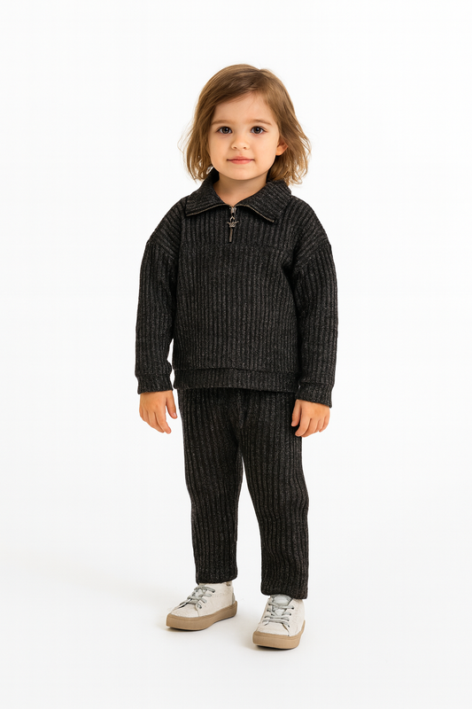 Mädchen 2-teiliges Strick-Set – Pullover mit Reißverschluss & Hose | 2 Farben