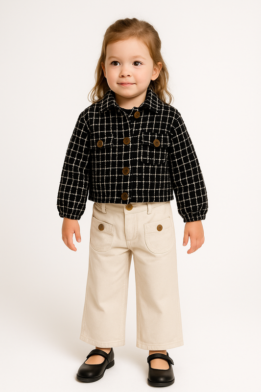 Mädchen Outfit 2-teilig – Schwarze Karojacke & Beige Hose