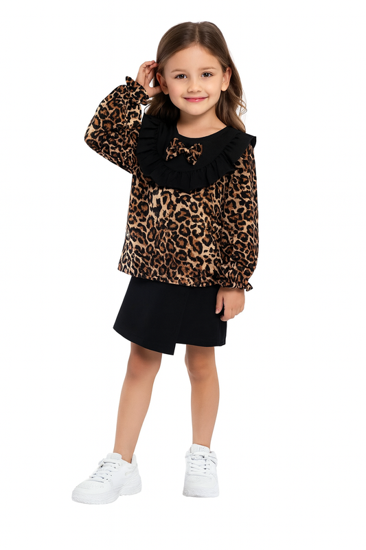 Mädchen 2-teiliges Outfit – Leo-Bluse mit Rüschen & Rock