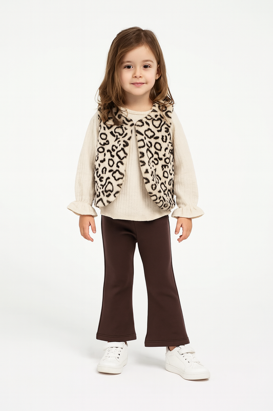 Mädchen 3-teiliges Outfit – Bluse, Hose & Weste mit Leopardenmuster