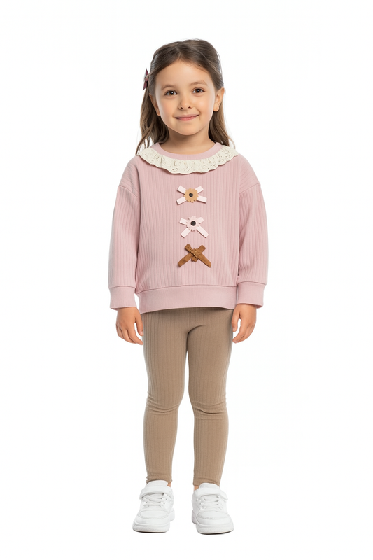 2-teiliges Mädchen Outfit aus Baumwolle – Langarmshirt mit Schleifen & Leggings