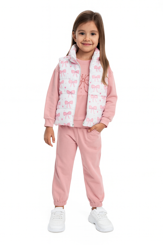 Mädchen Outfit 3-teilig in Rosa – Bequeme Hose, Langarmshirt & Steppweste