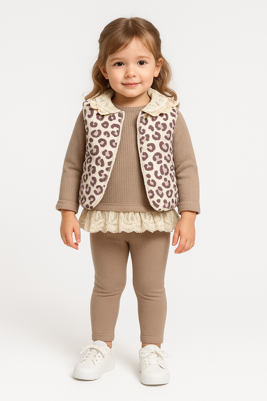 Mädchen 3-teiliges Outfit – Shirt, Hose & Weste mit Leopardenmuster (Beige)