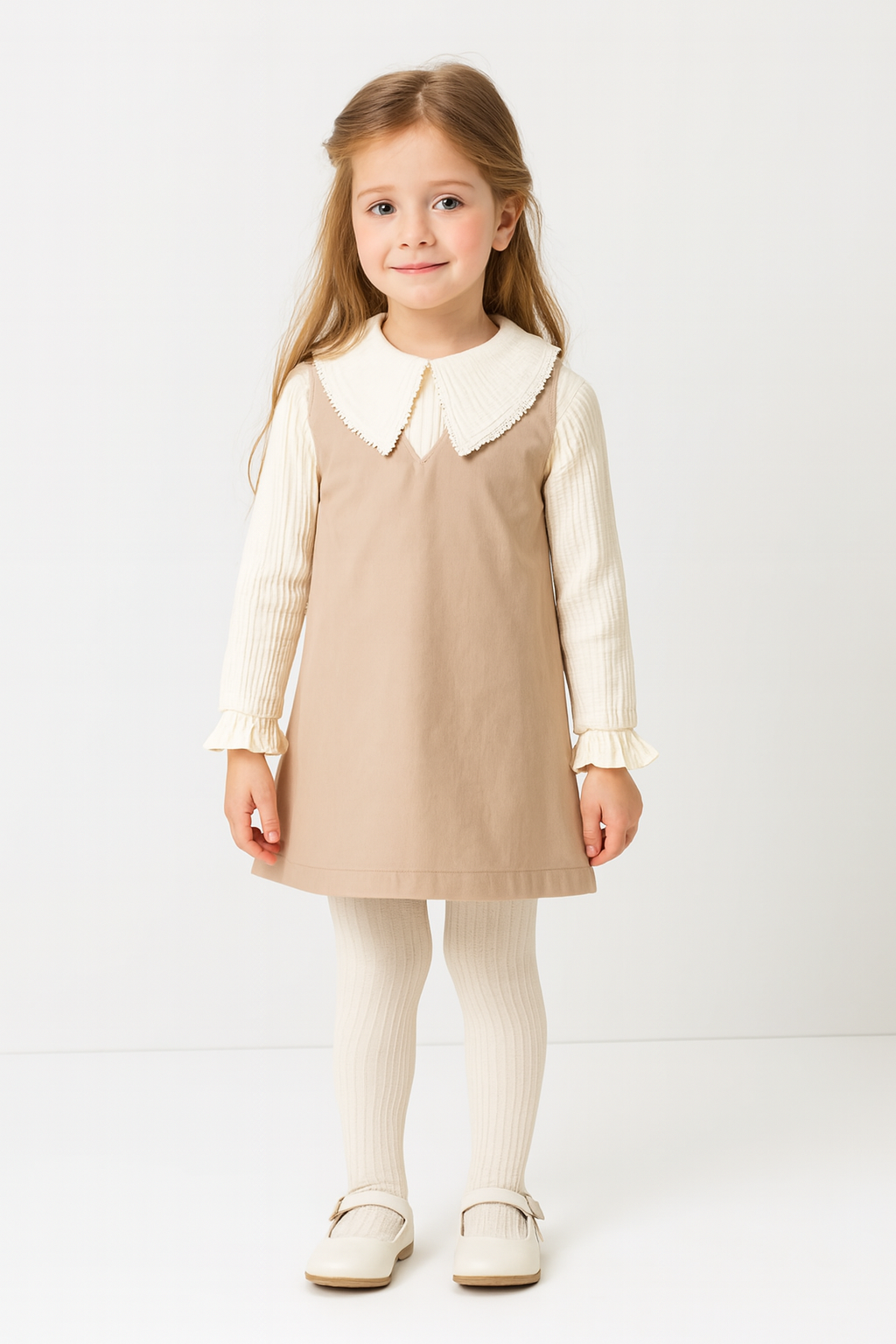 Baby & Kinder 3-teiliges Outfit – Kleid mit Musselin-Oberteil & Strumpfhose | Beige & Weiß