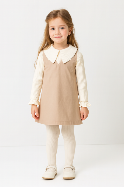 Baby & Kinder 3-teiliges Outfit – Kleid mit Musselin-Oberteil & Strumpfhose | Beige & Weiß