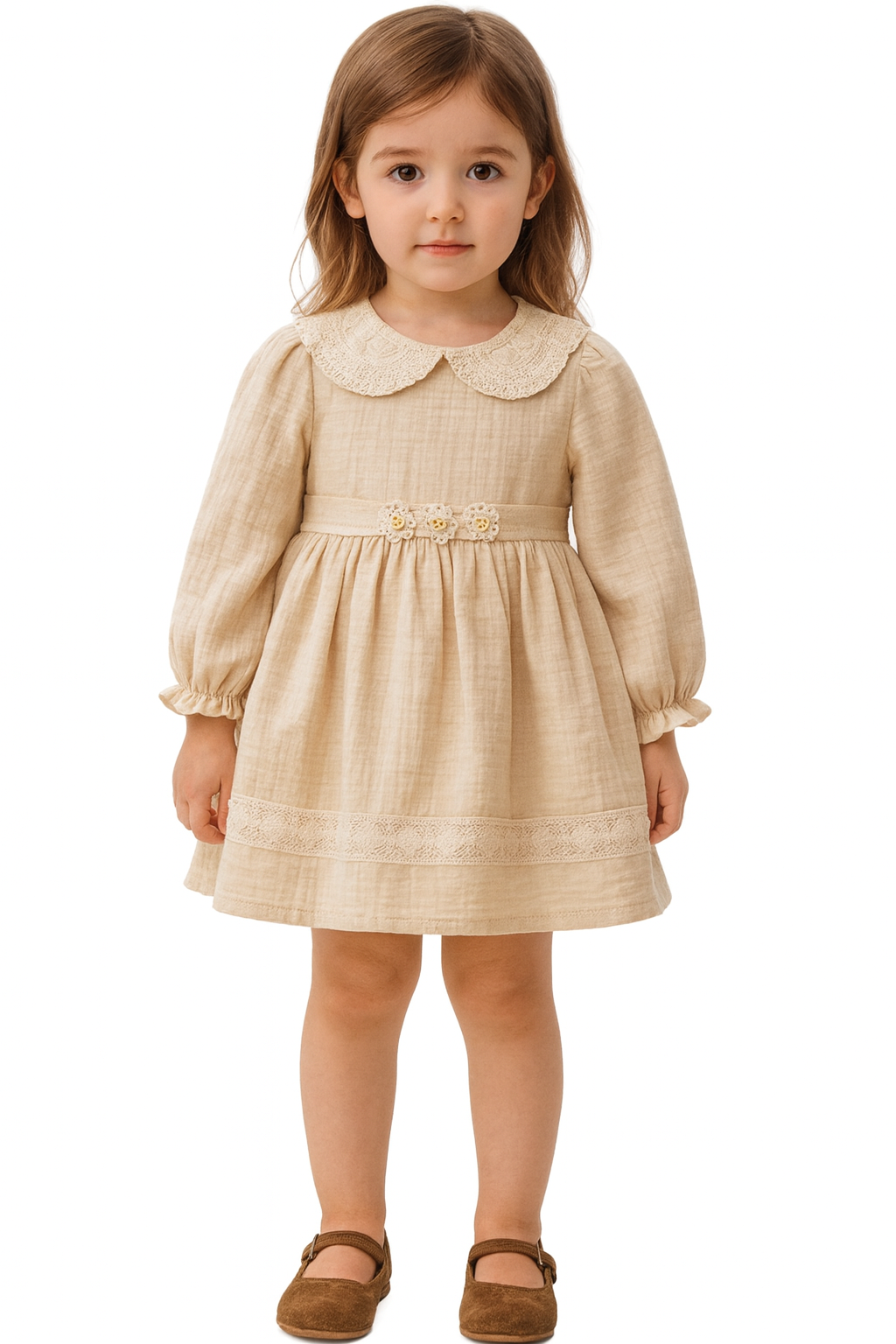 Mädchen Kleid – Festliches Musselin Kleid mit Spitze & Blumen-Deko (2–5 Jahre)
