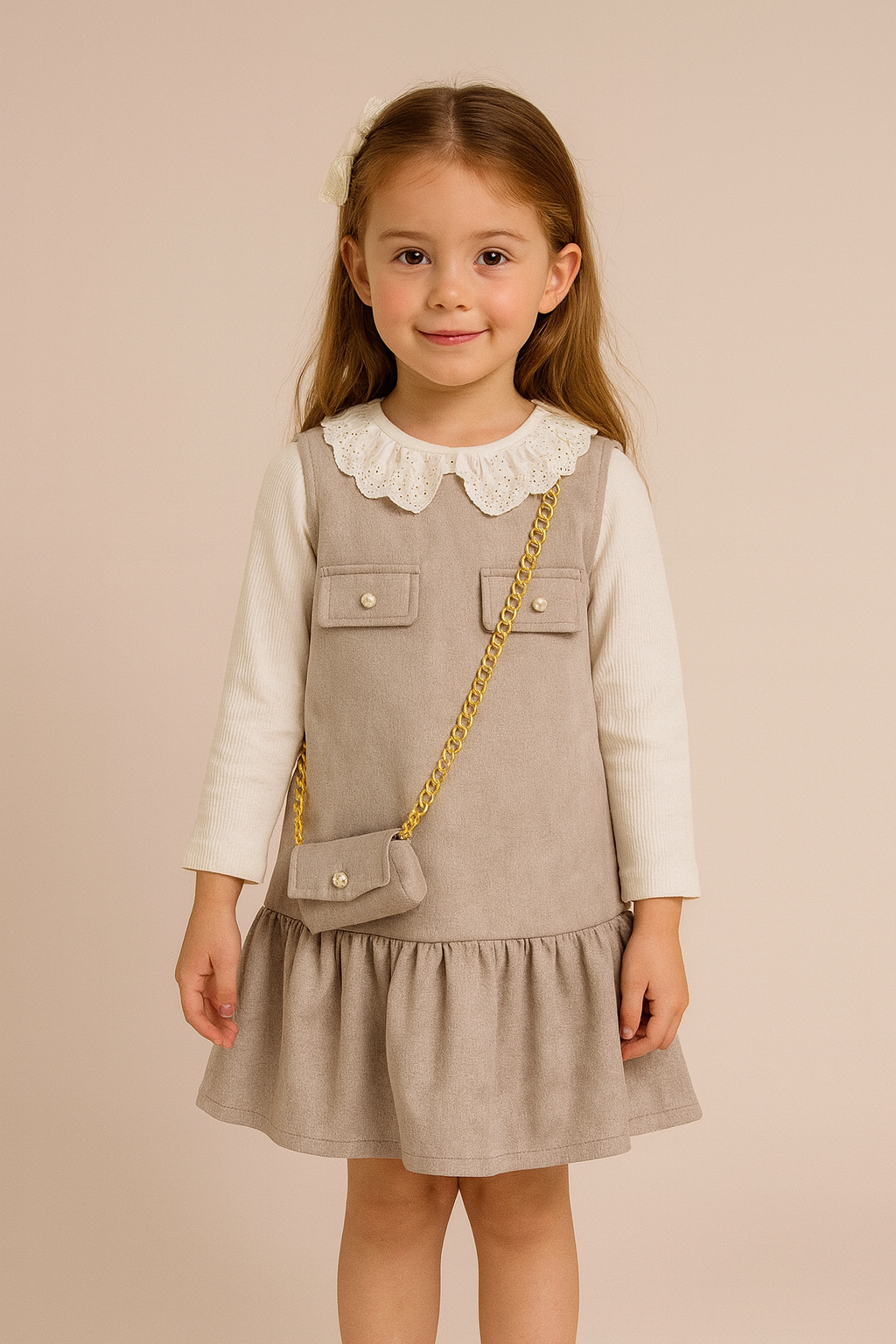 Mädchen Kleid 3-teilig – Kleid mit Rüschenkragen, Langarmshirt & Tasche