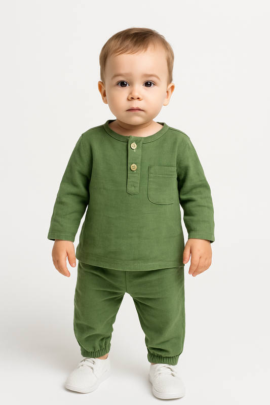 Baby Zweiteiler Set aus Muselin – Oberteil mit Knopfleiste & Tasche + Hose (3 Farben)