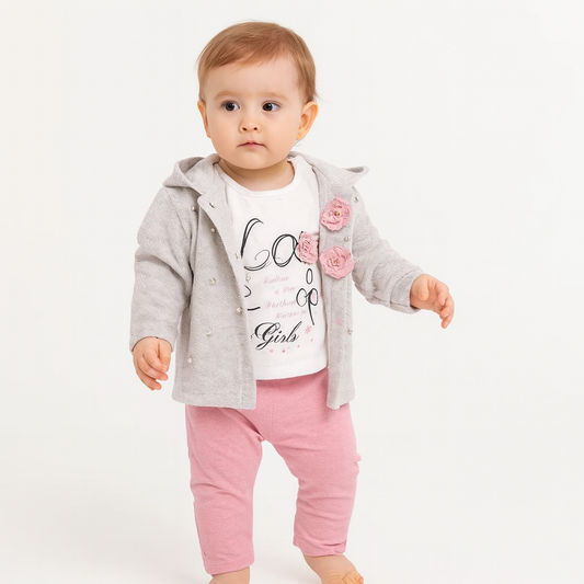 Baby Mädchen 3-teiliges Outfit – Jacke mit Perlen & Blumenapplikation, T-Shirt & Hose – 2 Farben