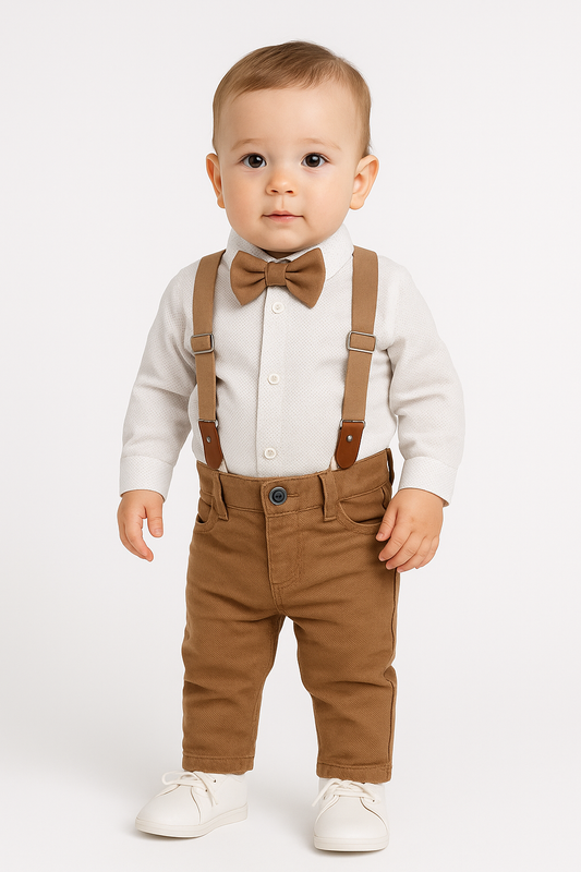 Baby Jungen 3-teiliges Outfit – Bodyhemd mit Fliege, Hosenträger & Hose