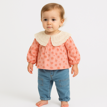 Mädchen 2-teiliges Set – Bluse mit Häkelkragen & Jeanshose | 100% Baumwolle