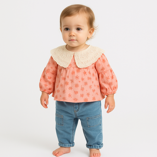 Mädchen 2-teiliges Set – Bluse mit Häkelkragen & Jeanshose | 100% Baumwolle